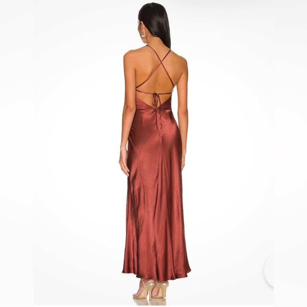 Shona Joy Thalia Gathered Bias Midi Dress Size 6 | Rust Satin Open Back Formal - Picture 8 of 8